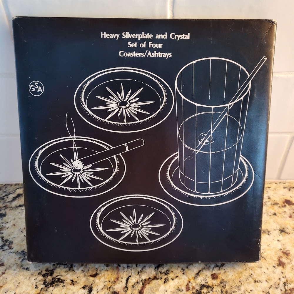 Godinger Silver Plated Crystal Coasters Starburst Pattern Italy NOS Vtg Boxed